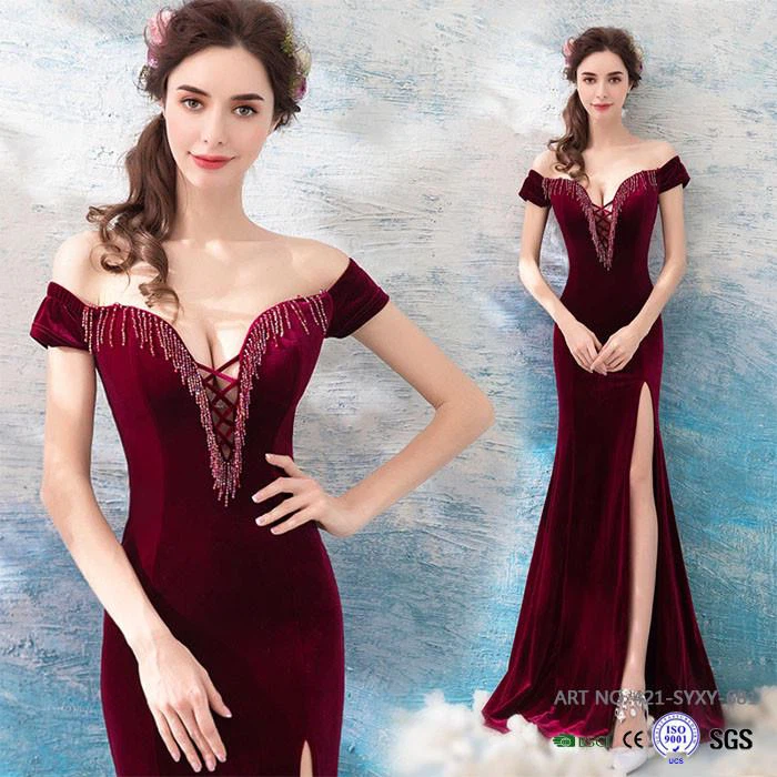 Off Shoulder V Neck Long Evening Dress